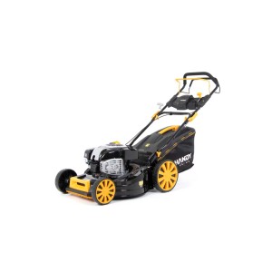 Czarna kosiarka spalinowa t.b.t. z żółtymi akcentami.
