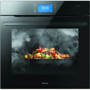 Czarny piekarnik do zabudowy z jedzeniem w środku. Danie z papryką i grzybami.