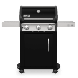 Czarny grill gazowy z trzema palnikami i bocznymi stolikami.