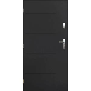 Nowoczesne antracytowe drzwi zewnętrzne z poziomymi liniami dekoracyjnymi i srebrną klamką.