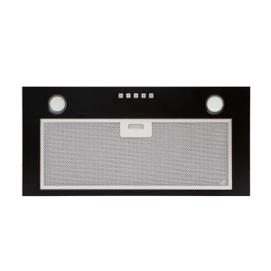 Płaski okap t.b.t. w kolorze czarnym ze srebrnym filtrem i oświetleniem LED.