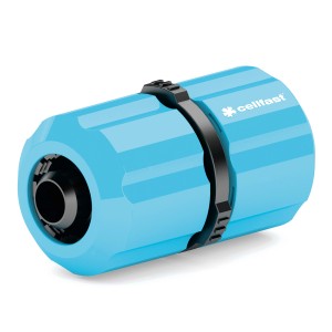 Jasnoniebieskie złącze wodne Cellfast z czarnym zaciskiem.