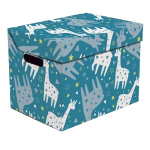 Dekoracyjne pudełko kartonowe ze wzorem lamy i gwiazd, idealne do przechowywania.