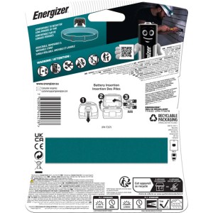 Opakowanie latarki czołowej t.b.t. z informacjami o baterii, komforcie i recyklingu.