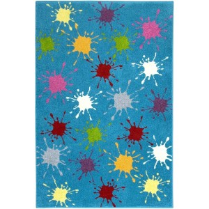 Niebieski dywan z kolorowymi plamami farby, dywan z krótkim włosiem.