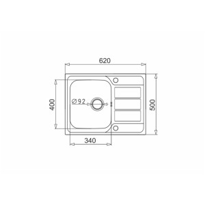 Rysunek techniczny: Zlewozmywak ze stali nierdzewnej o wymiarach (620x500mm, umywalka Ø92mm).
