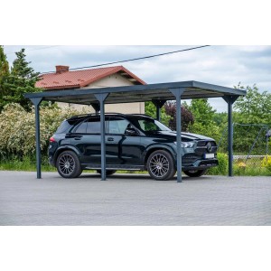 Ciemnoszara wiata garażowa t.b.t. z samochodem. Idealna ochrona przed warunkami atmosferycznymi dla pojazdów.