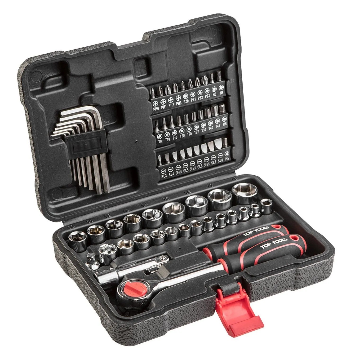 TOP TOOLS Zestaw kluczy nasadowych 1/4", 3/8" - 63 cz.