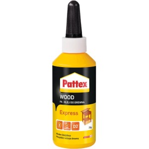 Pattex Express klej do drewna, żółta butelka z czarnym aplikatorem.
