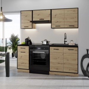 t.b.t. Zestaw mebli kuchennych ze zlewem, piekarnikiem i szafkami wiszącymi w stylu drewna.