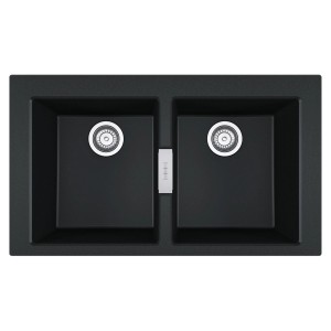 Czarny zlewozmywak granitowy t.b.t. z dwiema komorami i środkowym panelem.