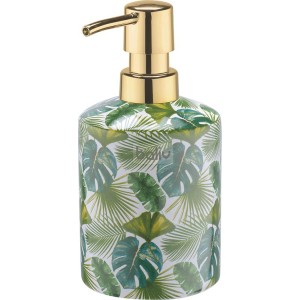 Dozownik mydła z tropikalnym wzorem liści i złotą główką dozującą.