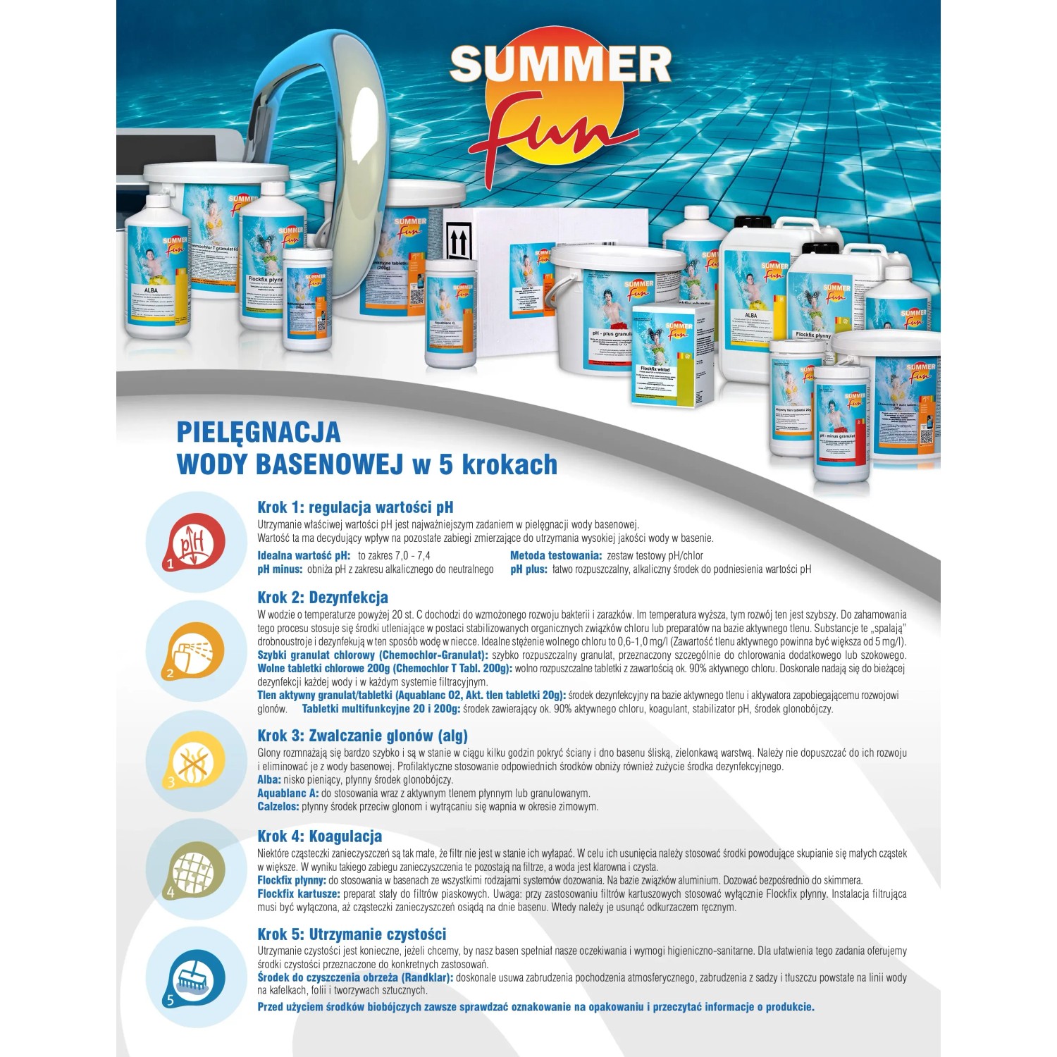 Przegląd produktów do dezynfekcji basenów z produktami Summer Fun.