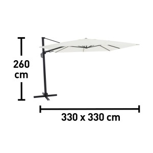 Parasol wiszący t.b.t. z wymiarami: wysokość 260 cm, powierzchnia czaszy 330x330 cm.