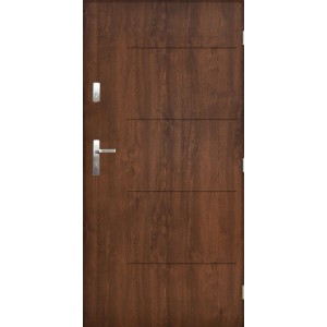 Brązowe drzwi zewnętrzne z poziomymi liniami dekoracyjnymi i srebrną klamką.