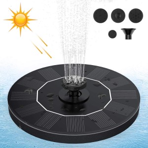 Czarna solarna pompa do fontanny ogrodowej z różnymi nasadkami dysz.