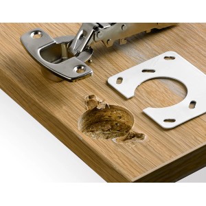 Płytka naprawcza Hettich, biała, do zawiasu puszkowego 35 mm do naprawy uszkodzonych zawiasów.