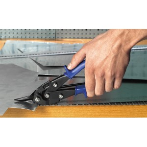 Nożyce do blachy LUX Classic 240 mm tną blachę. Szczypce z niebieską rękojeścią.