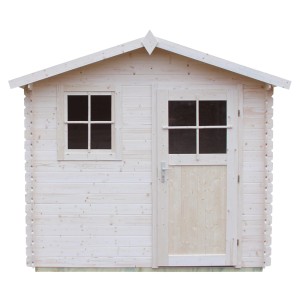 Jasny drewniany domek ogrodowy z oknem i drzwiami
