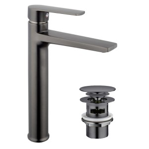 Bateria umywalkowa t.b.t. w kolorze szarym z korkiem automatycznym.