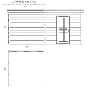 Rysunek techniczny domku drewnianego t.b.t. z wymiarami.