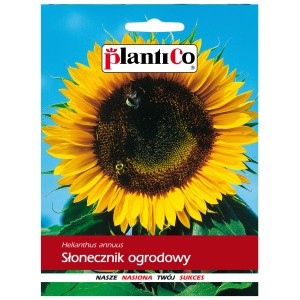 Opakowanie nasion słonecznika z kwitnącym słonecznikiem i pszczołami.