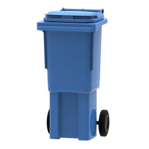 Niebieski pojemnik na odpady z pokrywą i kołami.
