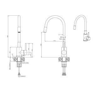 Rysunek techniczny: bateria jednouchwytowa t.b.t. z wymiarami.