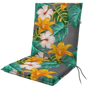 Wyściełana poduszka na krzesło ogrodowe z tropikalnym wzorem kwiatowym.