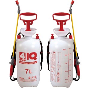 Biały opryskiwacz ciśnieniowy 7L z czerwonym uchwytem i żółtą lancą.