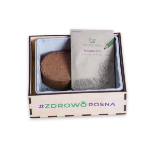 t.b.t. Zestaw do uprawy mikrolistków z podłożem i nasionami w drewnianym pudełku.
