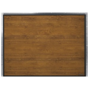 Brązowa sekcja bramy garażowej t.b.t. z efektem drewna i srebrną ramą.