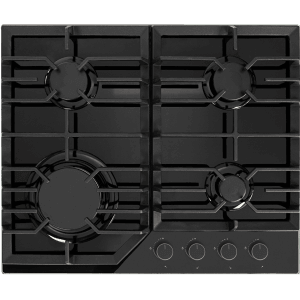 Czarna płyta kuchenna t.b.t. z czterema palnikami i pokrętłami.
