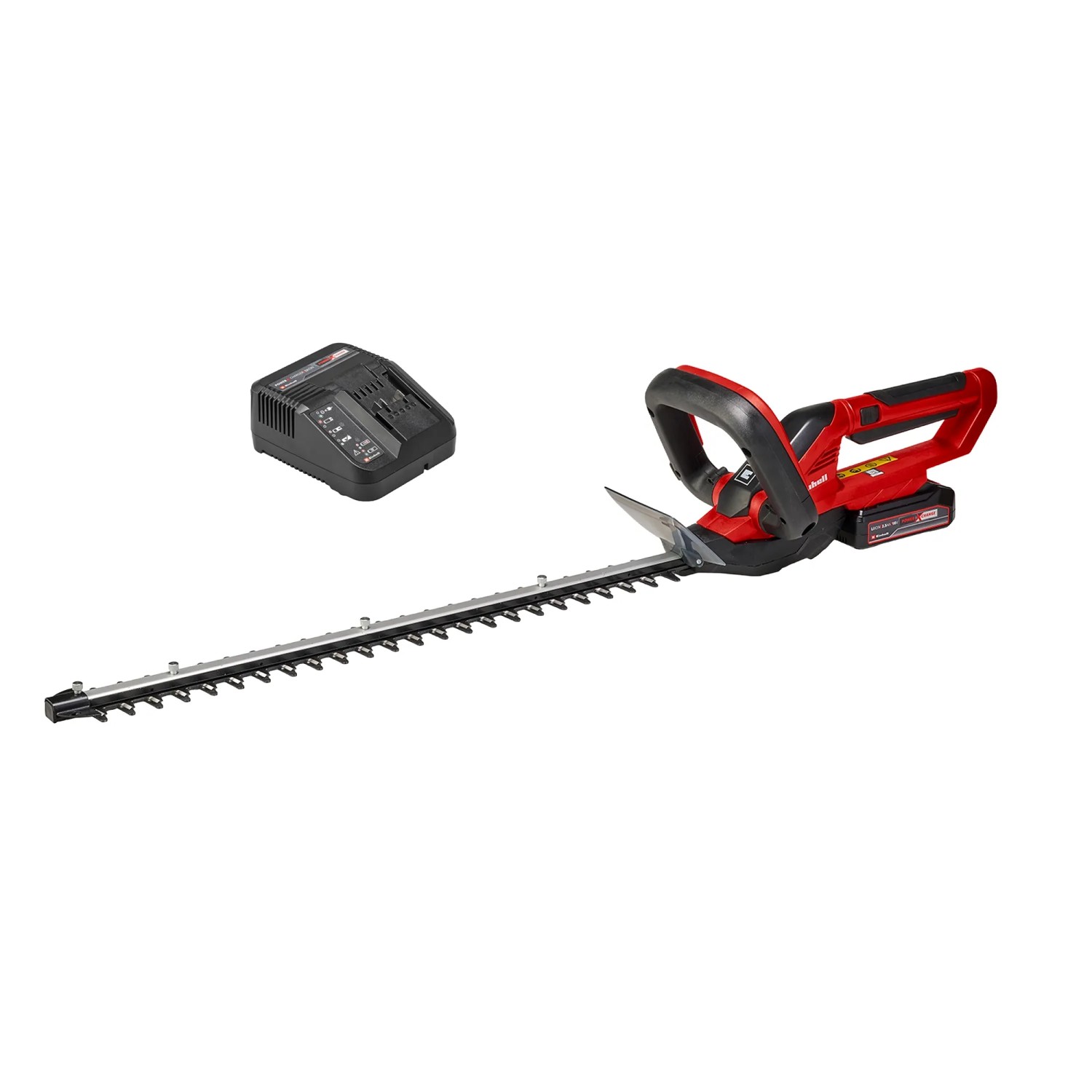Akumulatorowe nożyce do żywopłotu Einhell GC-CH 1855/1 Li Kit z akumulatorem i ładowarką, czerwono-czarne.