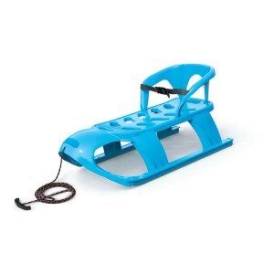 Niebieskie sanki dla dzieci z oparciem i sznurkiem do ciągnięcia dla zimowej zabawy.