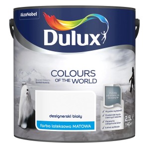 Wiadro z farbą Dulux Colours of the World, Designer White, matowa farba lateksowa do ścian, 2,5L.