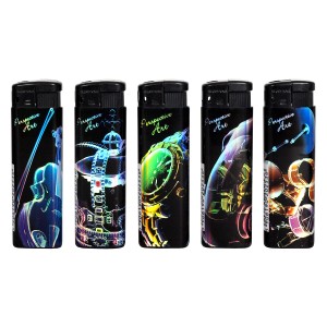 Pięć zapalniczek z kolorowymi, abstrakcyjnymi motywami do grilla i nie tylko.