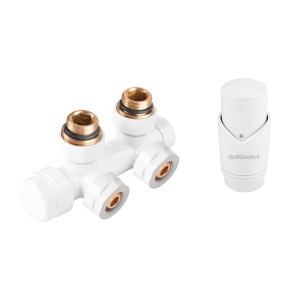 Biały zestaw przyłączeniowy do grzejnika z głowicą termostatyczną do instalacji grzewczych.