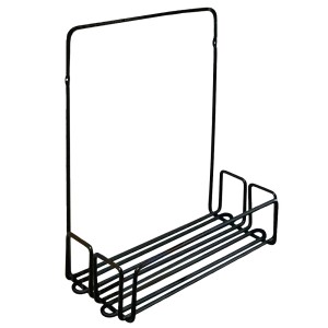 Czarny metalowy koszyk wiszący na akcesoria łazienkowe.