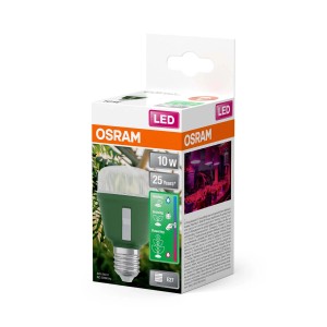 Żarówka LED E27 OSRAM w kolorze zielonym, 10W, do wzrostu roślin. Opakowanie w tle.