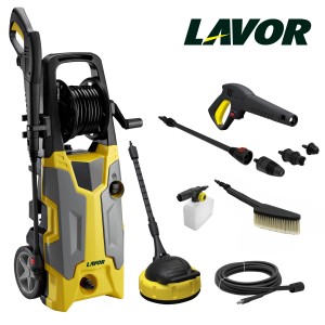 Żółto-szary ciśnieniowy środek czyszczący z akcesoriami, takimi jak dysze, szczotka i zwijadło węża.