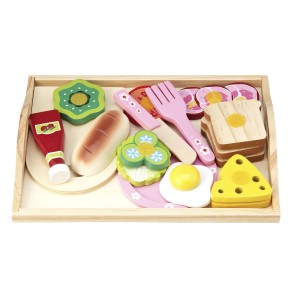Drewniany zestaw zabawek z jedzeniem na tacy dla dzieci.