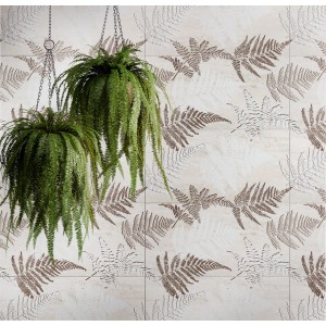 Płytka dekoracyjna ze wzorem paproci i dwiema wiszącymi zielonymi roślinami.