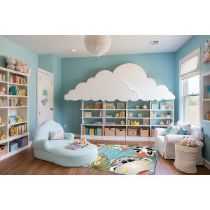 Pokój dziecięcy z niebieskim dywanem z krótkim włosiem z motywami zwierzęcymi.