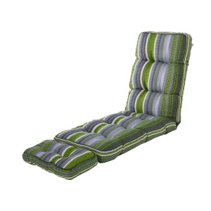 Pasiasta poduszka na leżak ogrodowy z podnóżkiem, zielona/szara/biała. Komfortowe wypełnienie do mebli ogrodowych.