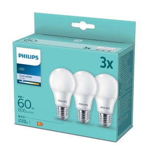 Zestaw 3 żarówek LED E27 Philips, 8W, zimna biel, w turkusowym opakowaniu.