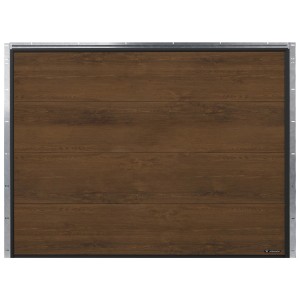 Brązowa brama garażowa z efektem drewna i srebrną ramą.