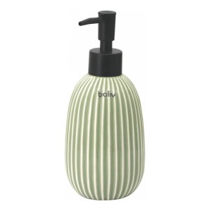 Zielony dozownik mydła z rowkami i czarną główką dozującą do akcesoriów łazienkowych.