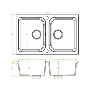 Rysunek techniczny zlewozmywaka granitowego t.b.t. z podwójną misą i wymiarami.