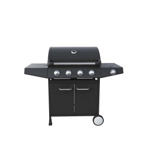 Czarny grill gazowy z czterema palnikami, półkami bocznymi i szafką.